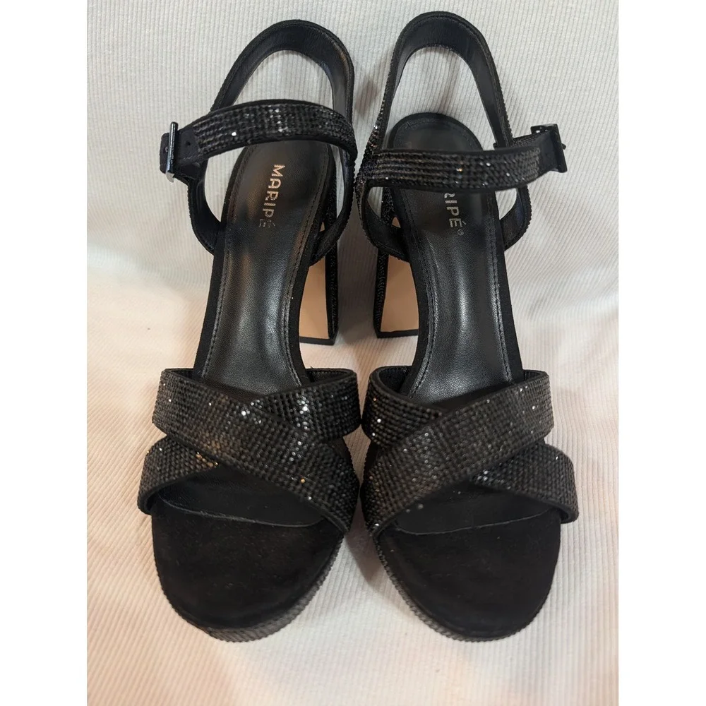 Maripe Black Rhinestone Platform Sandals Block Heel Evening Shoes Womens 8.5